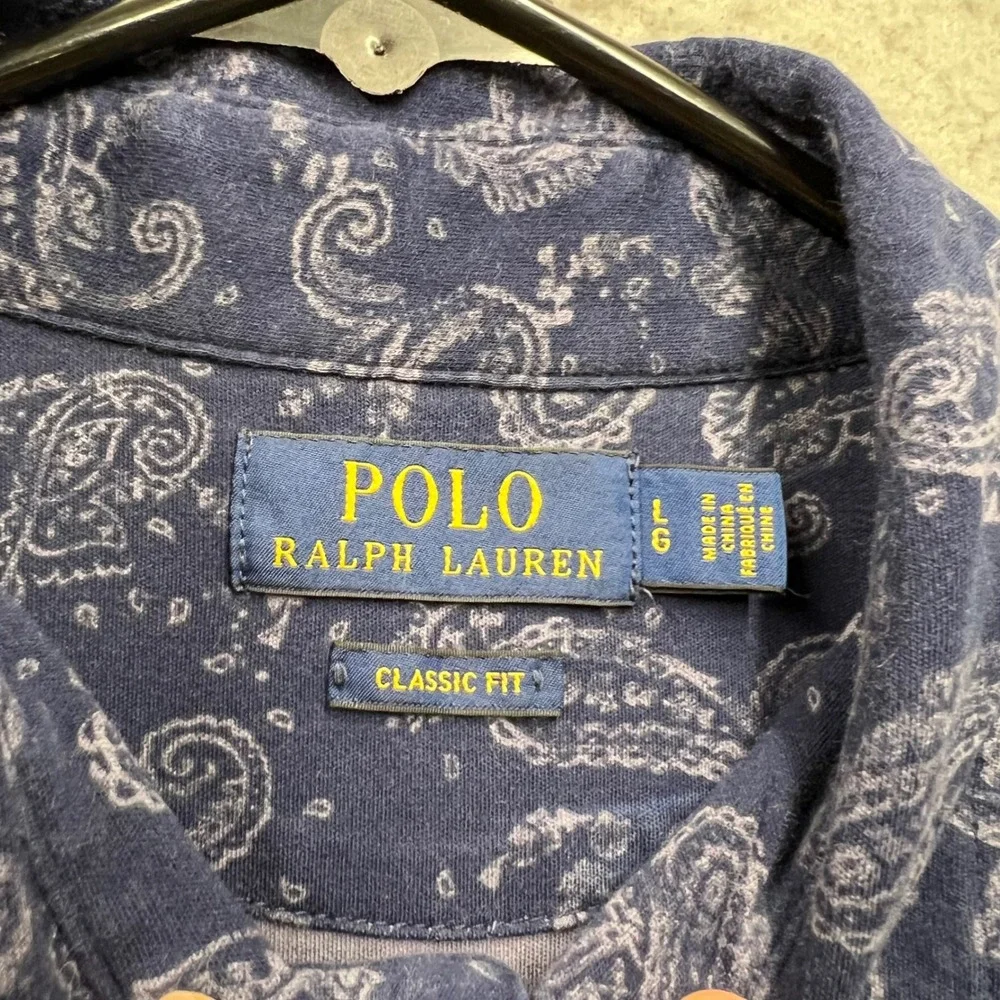 Polo Ralph Lauren Mens Large Classic Fit Paisley Print Cotton Polo Shirt Navy
